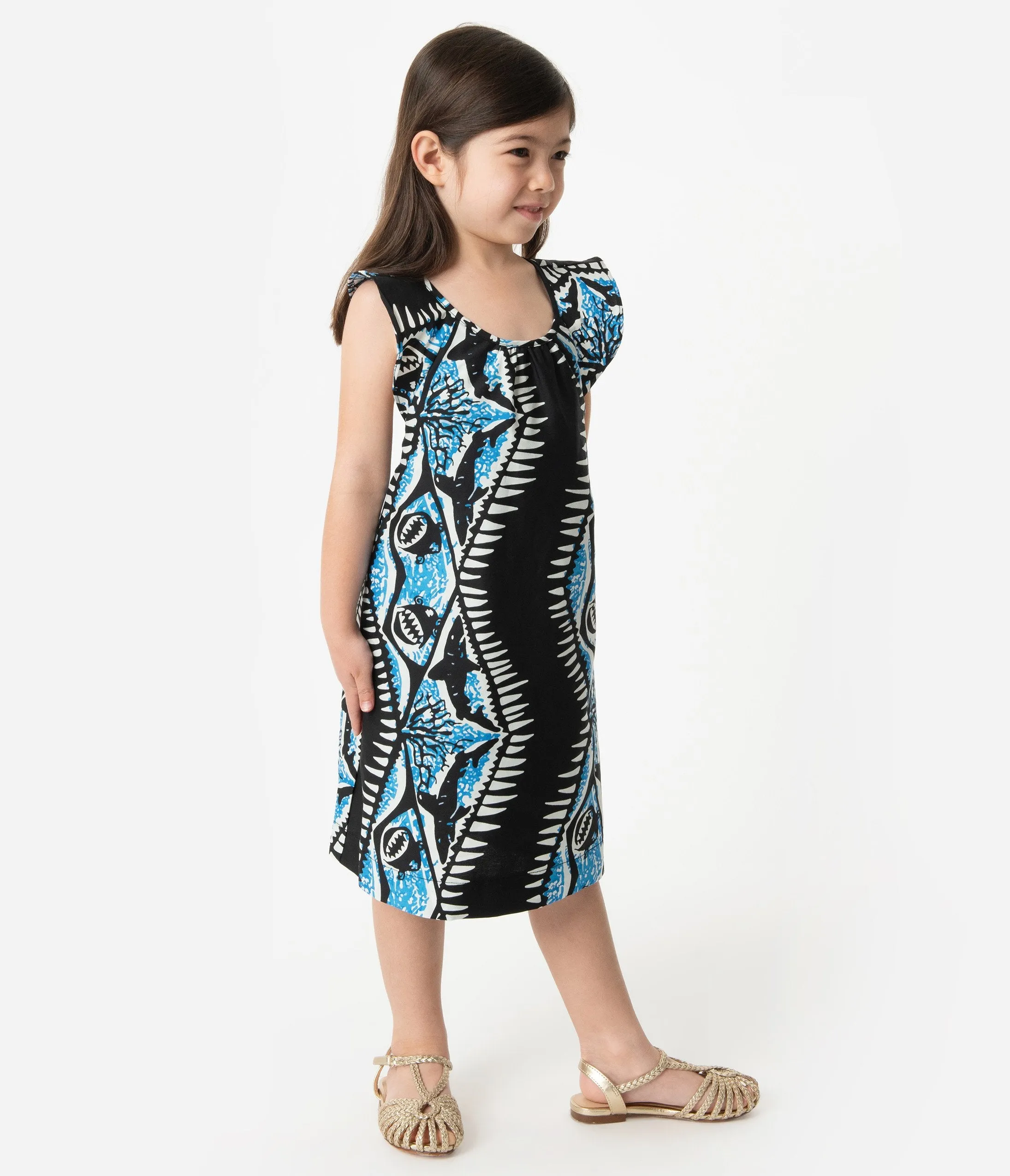 Alfred Shaheen Black & Blue Shark Print Hawaiian Childrens Dress