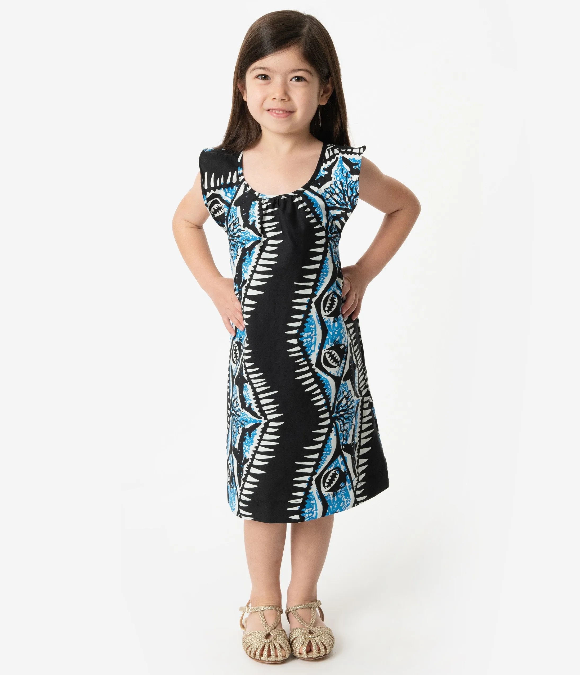 Alfred Shaheen Black & Blue Shark Print Hawaiian Childrens Dress