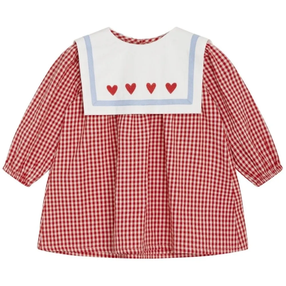 Anna Heart Embroidered Red Check Dress