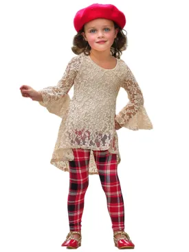 Autumn Glow Lace Tunic Top And Checkered Legging Set