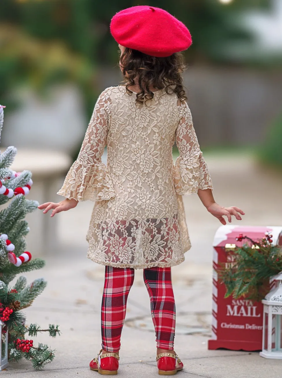 Autumn Glow Lace Tunic Top And Checkered Legging Set