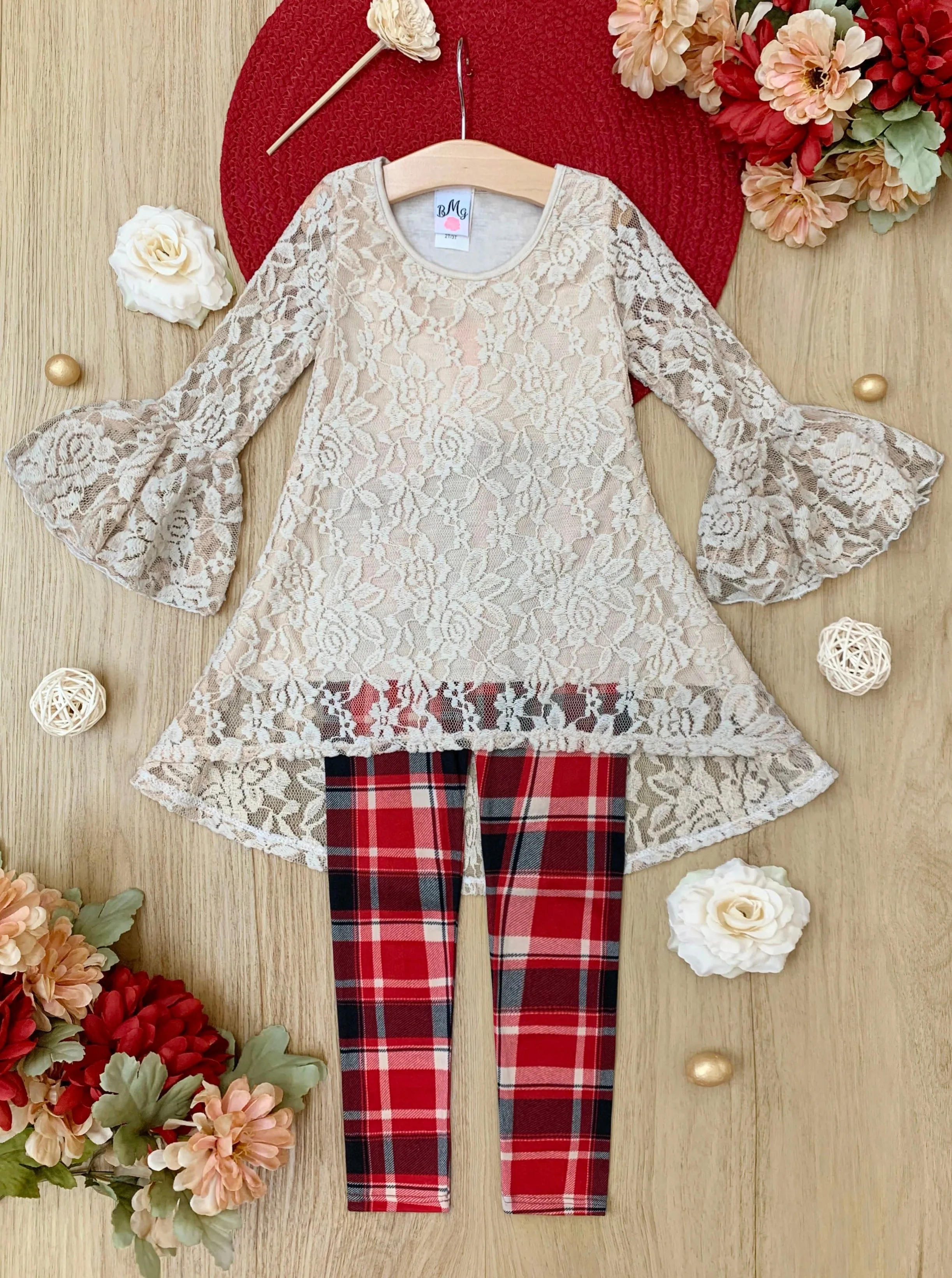 Autumn Glow Lace Tunic Top And Checkered Legging Set