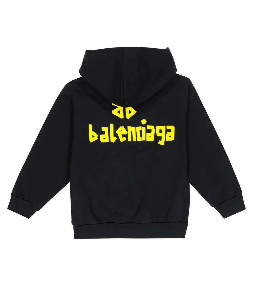 Balenciaga Kids Logo Cotton Jersey Hoodie, Black