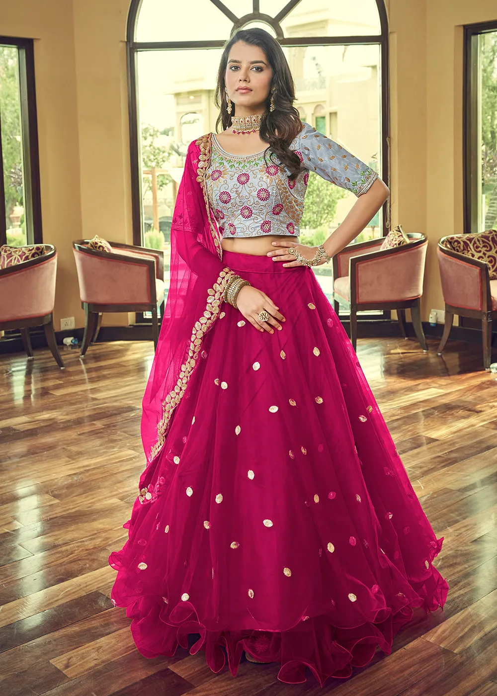 Beautiful Cherry Pink Heavy Net Party Wear Lehenga Choli