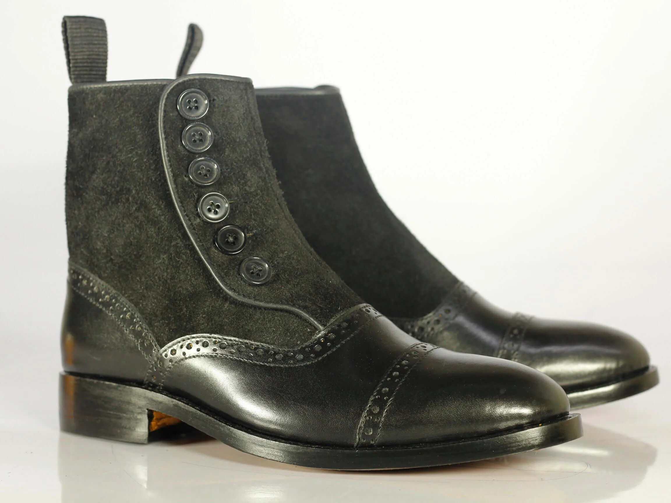 Bespoke Black Leather Suede Ankle High Button Top Boots