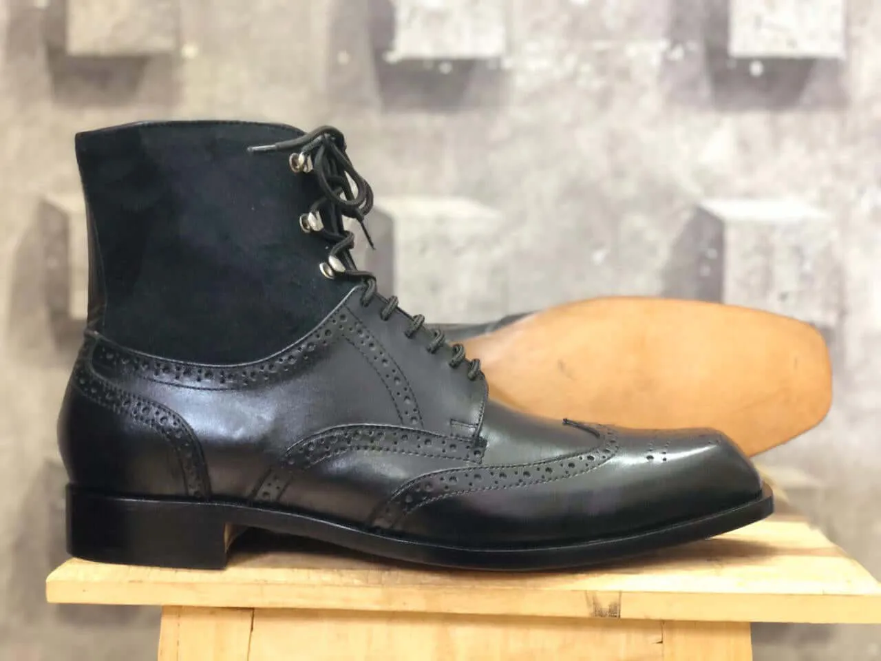 Bespoke Black Leather Suede Ankle Lace Up Wing Tip Boots