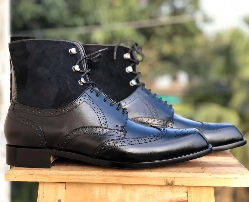 Bespoke Black Leather Suede Ankle Lace Up Wing Tip Boots