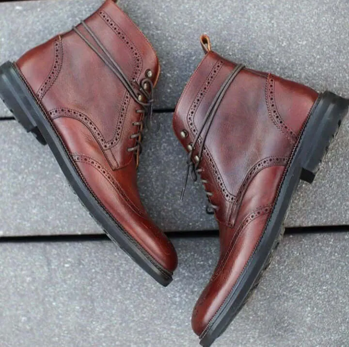 Bespoke Brown Half Ankle Leather Wing Tip Lace Up Boots