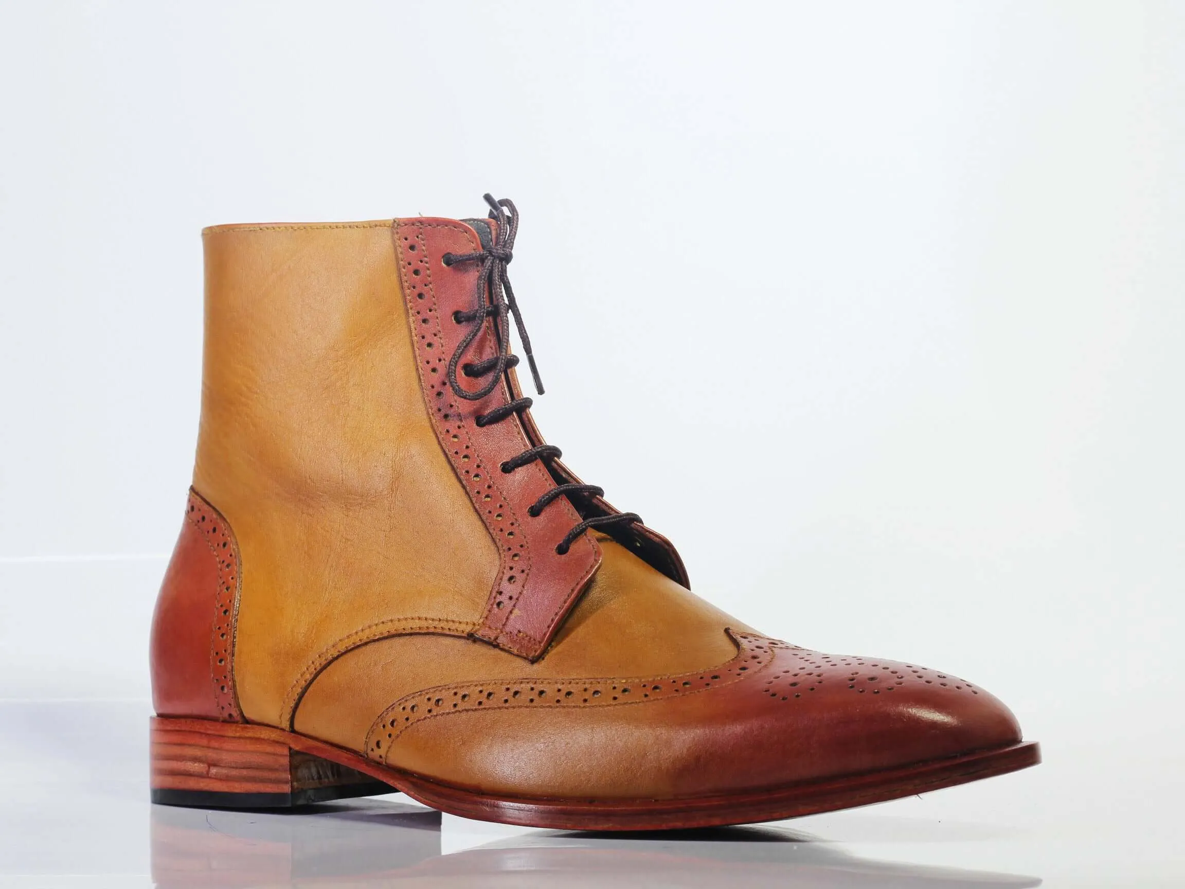 Bespoke Brown Tan Leather Ankle Wing Tip Lace Up Boots