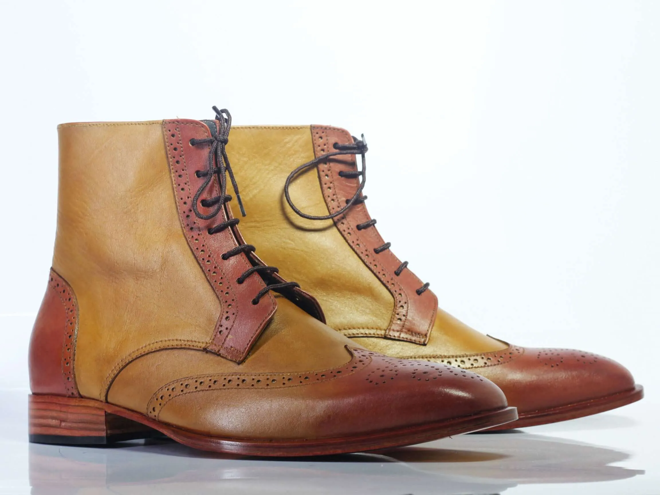 Bespoke Brown Tan Leather Ankle Wing Tip Lace Up Boots