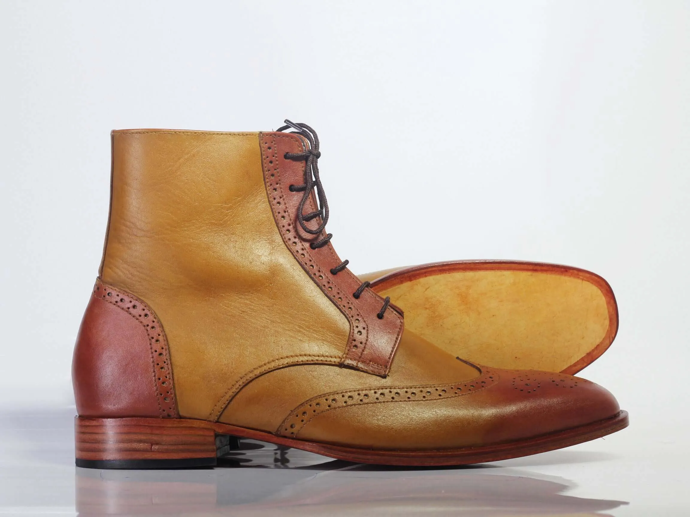 Bespoke Brown Tan Leather Ankle Wing Tip Lace Up Boots