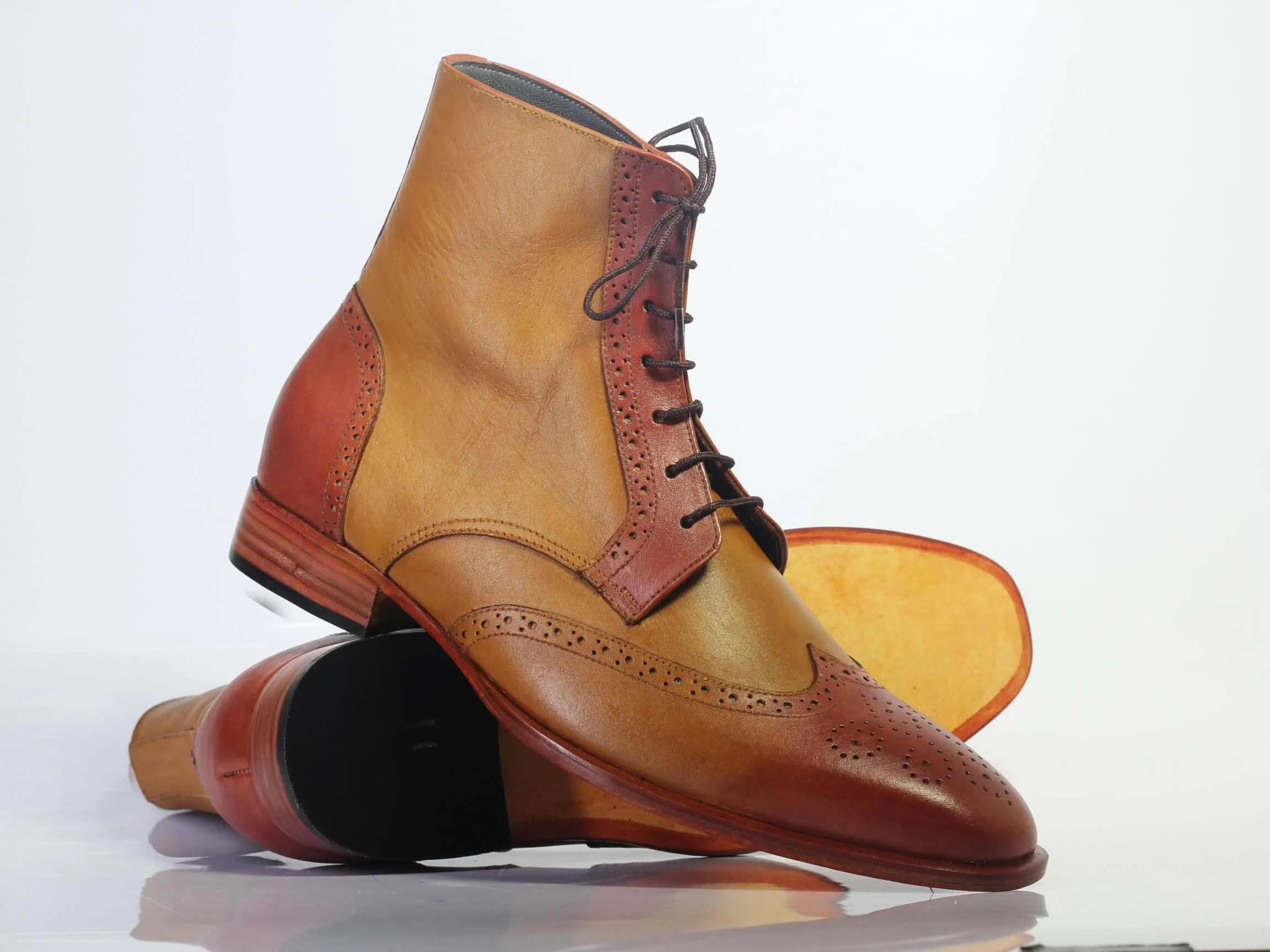 Bespoke Brown Tan Leather Ankle Wing Tip Lace Up Boots