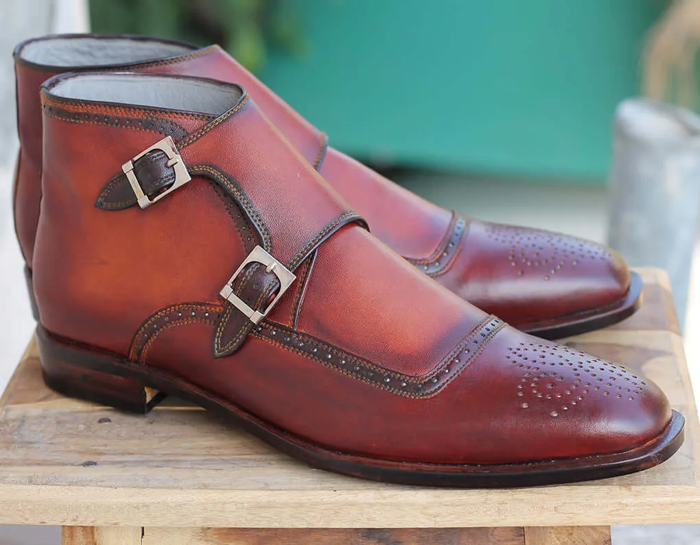 Bespoke Burgundy Chukka Leather Monk Strap Boots