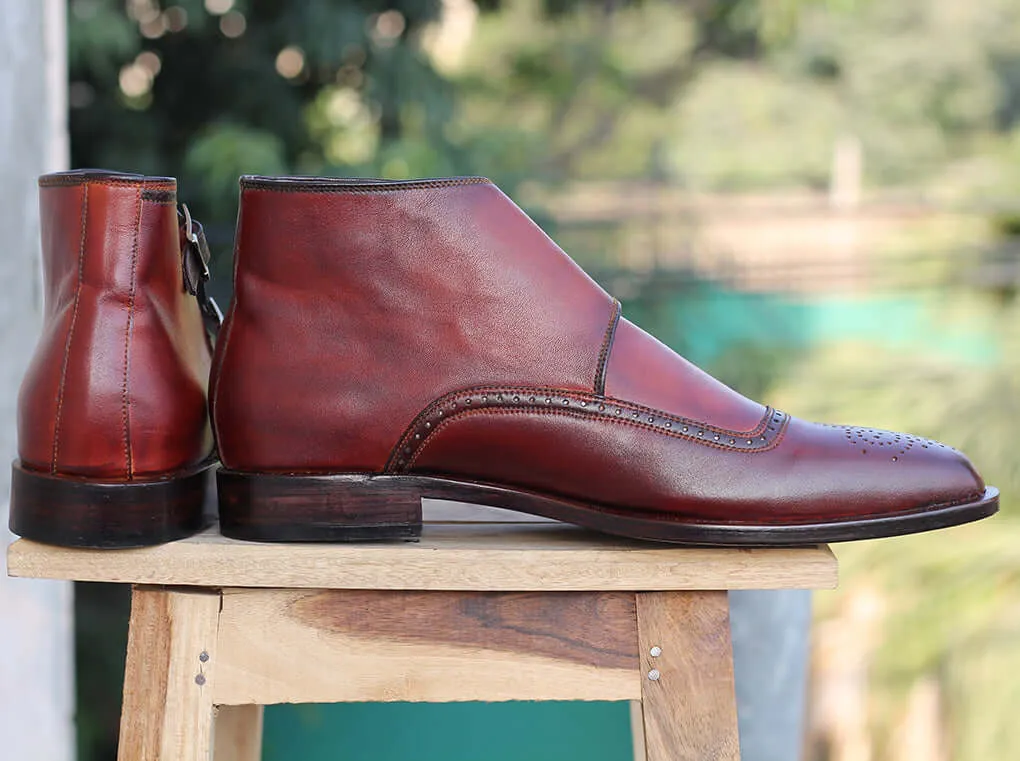 Bespoke Burgundy Chukka Leather Monk Strap Boots