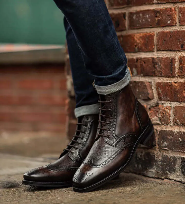 Bespoke Chocolate Brown Tweed Leather Wing Tip Ankle High Boots