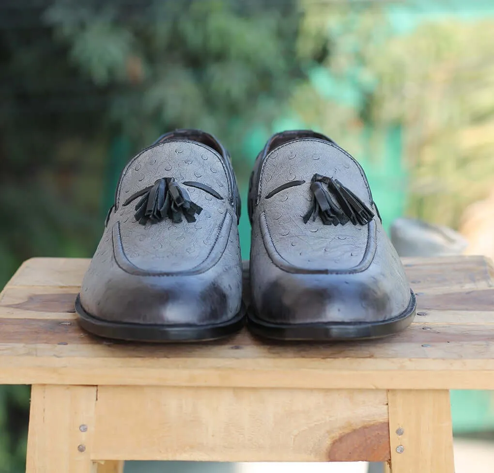 Bespoke Gray Ostrich Leather Tussle Loafer  Shoe for Men