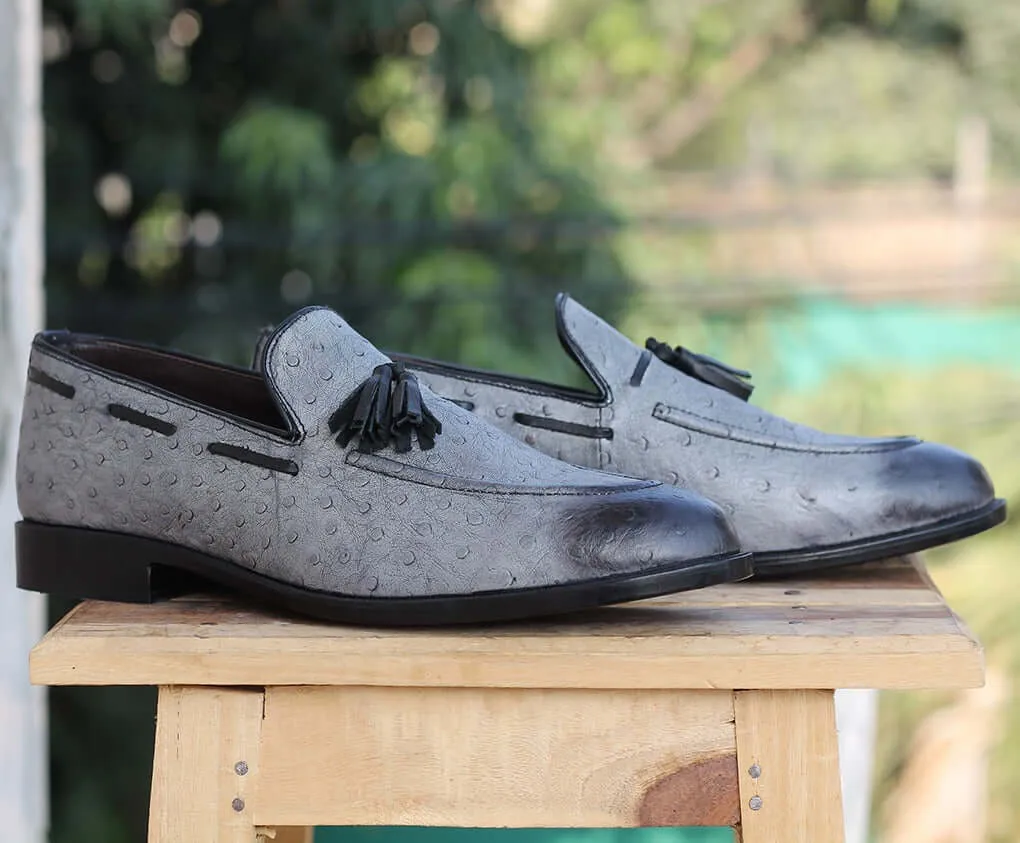 Bespoke Gray Ostrich Leather Tussle Loafer  Shoe for Men