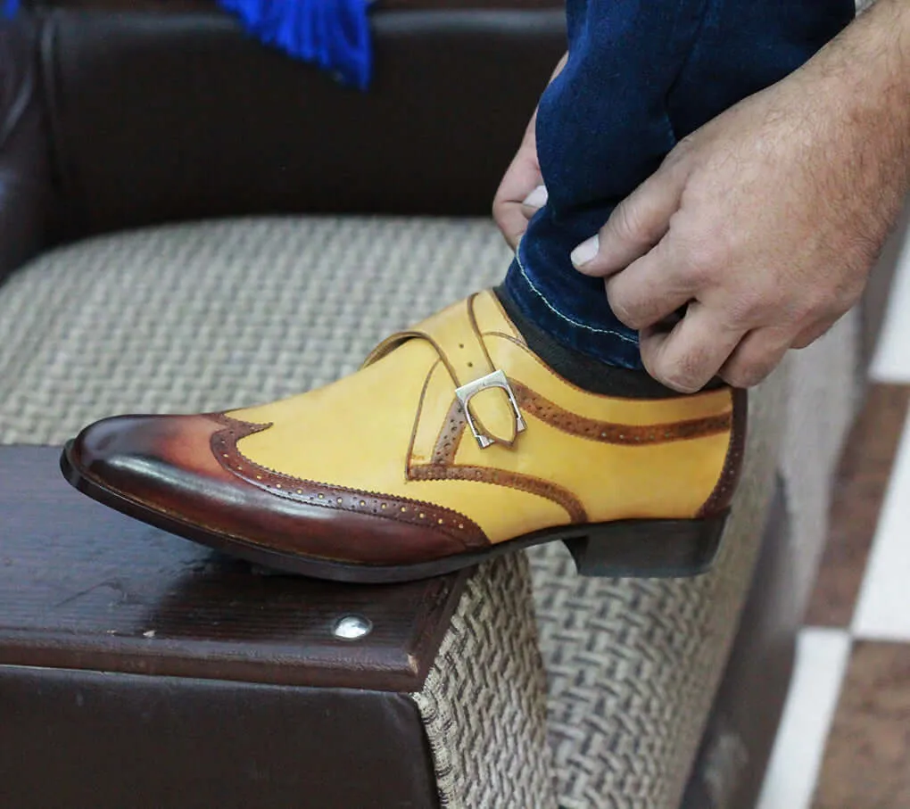 Bespoke Two Tan Leather Monk Strap Wing Tip Shoes for Men's