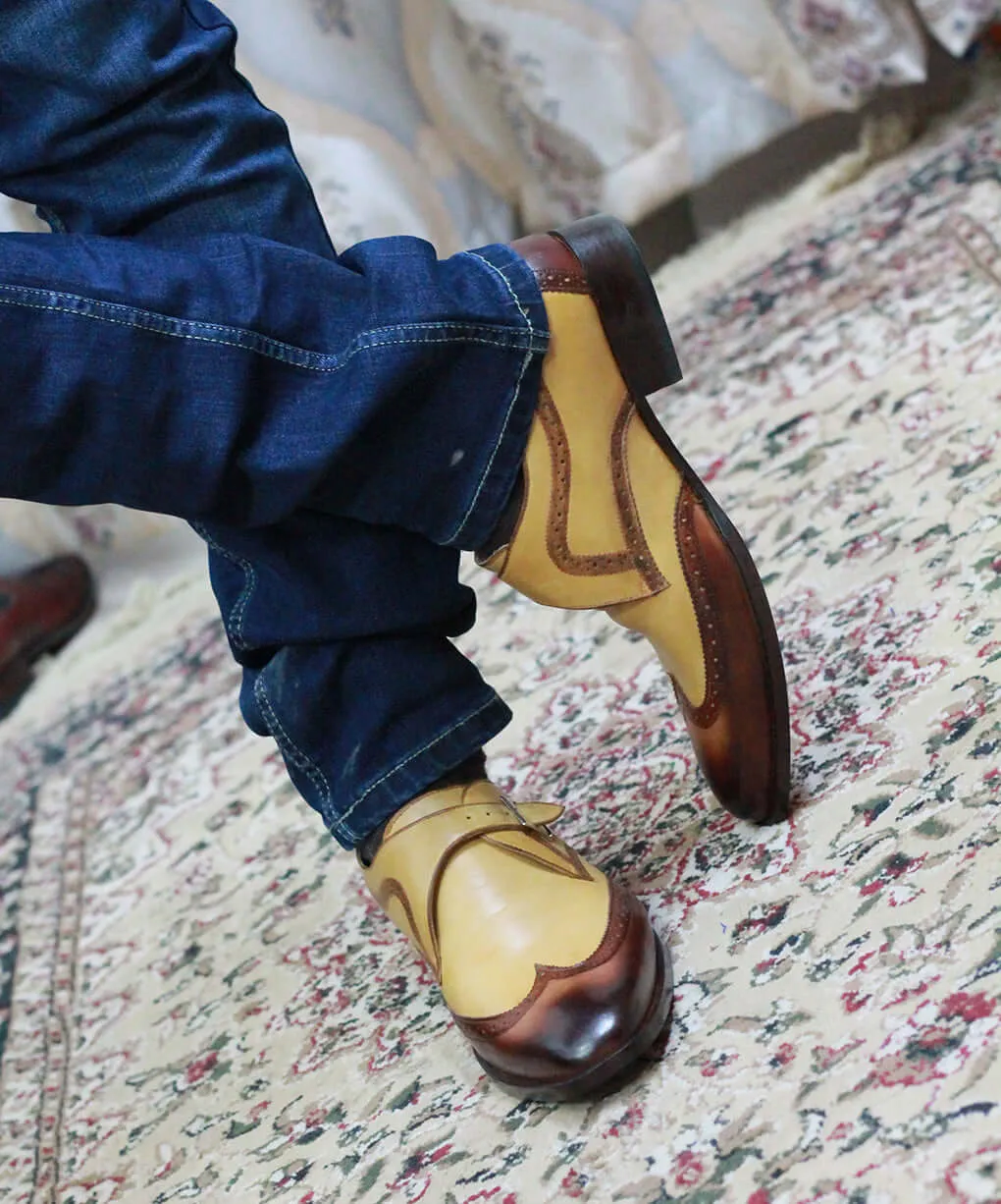 Bespoke Two Tan Leather Monk Strap Wing Tip Shoes for Men's