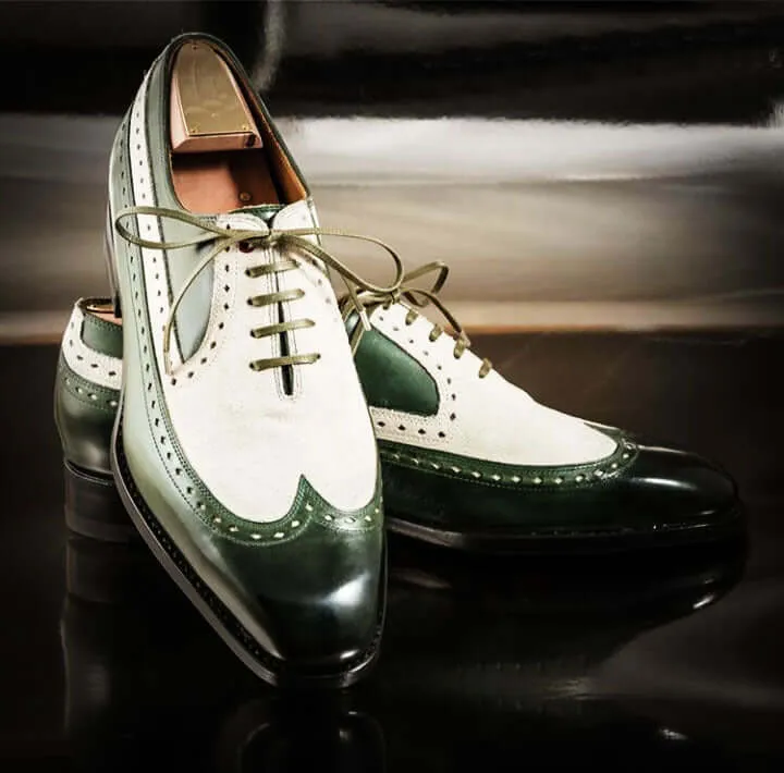 Bespoke White Green Wing Tip Lace Up Shoe for Men's