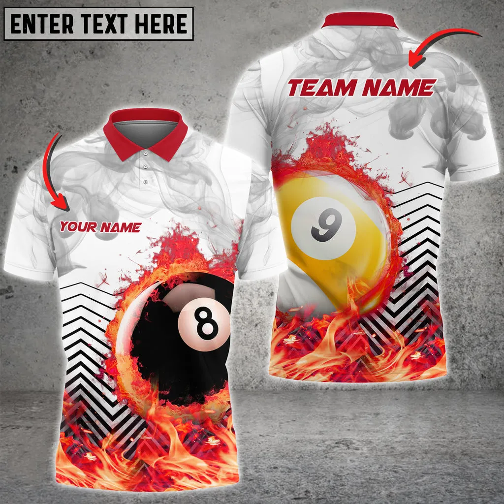 Billiards White Fire Flame Smoke Multicolor Option, Personalized Name Team Polo Shirt