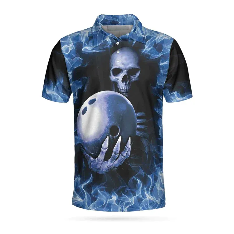 Bowling Murder Polo Shirt, Blue Flame Pattern Bowling Polo Shirt, Scary Skull Shirt Design For Halloween Coolspod