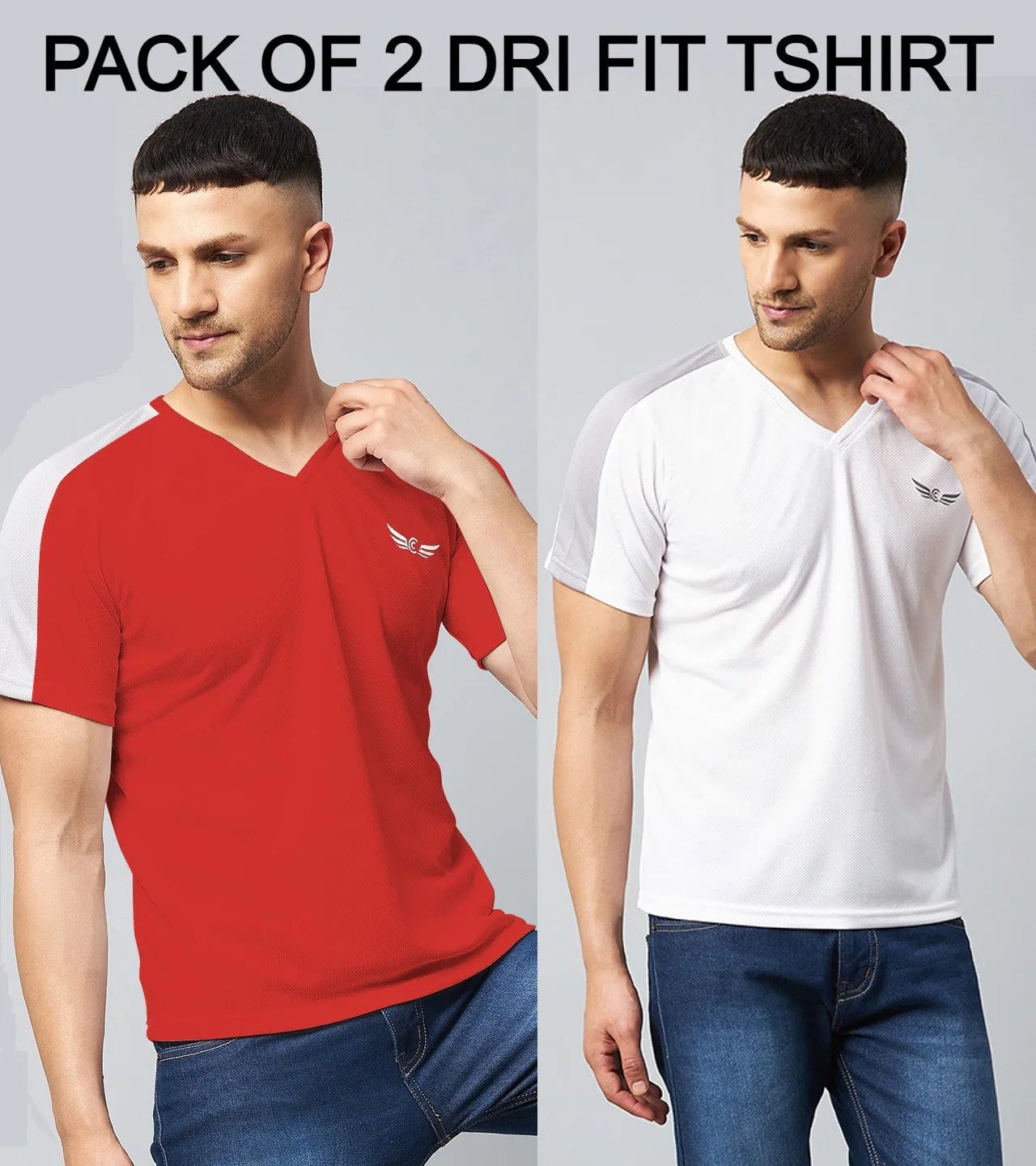 Color Block V Neck T-shirt (Red White) (Pack of 2)