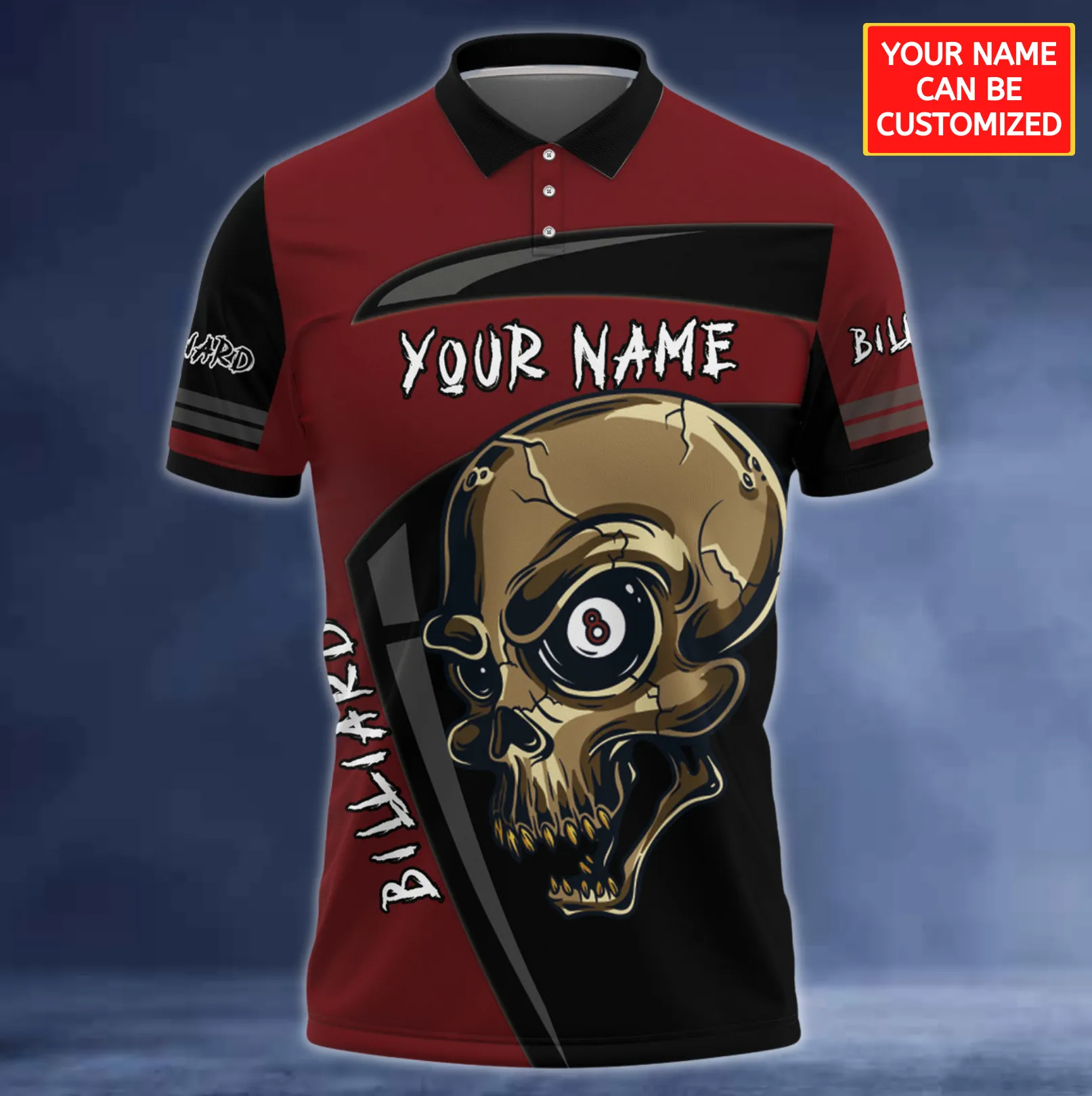 Custom Name 3D Skull Billiard Shirt Men, Billiard Polo Shirt Skull Pattern, Billiard Club Shirts