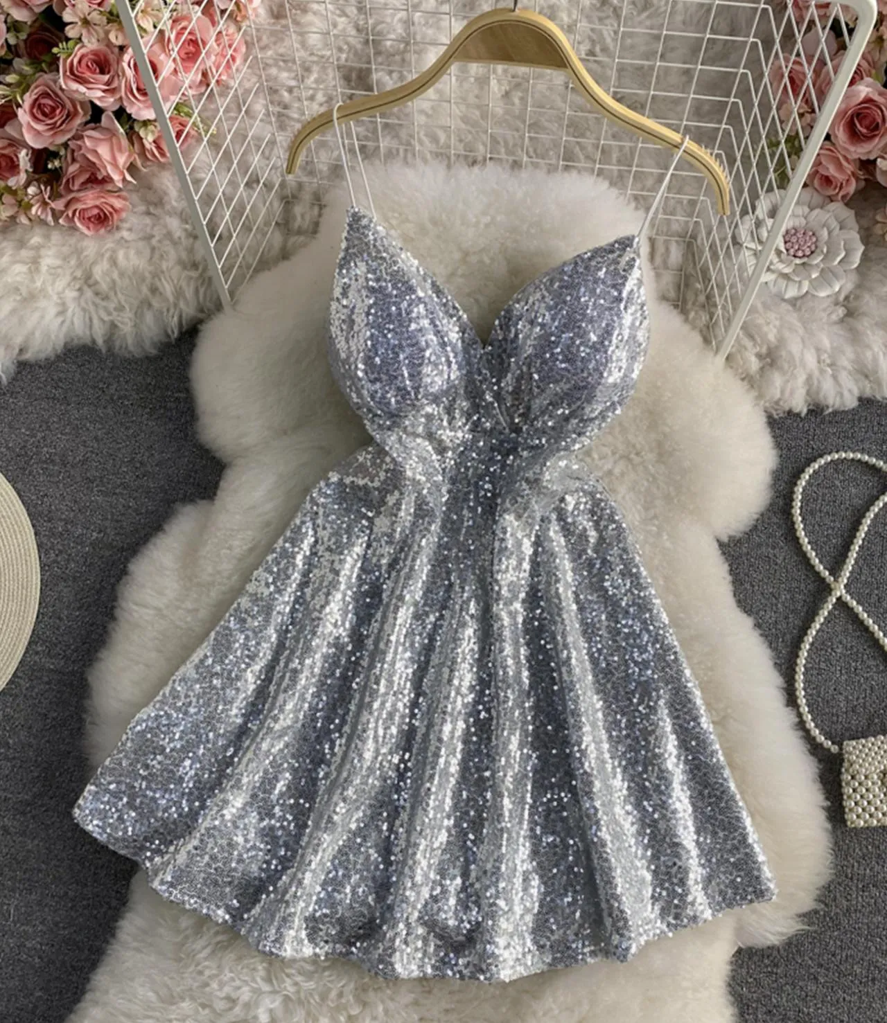 Cute A line sequins short dress   S113