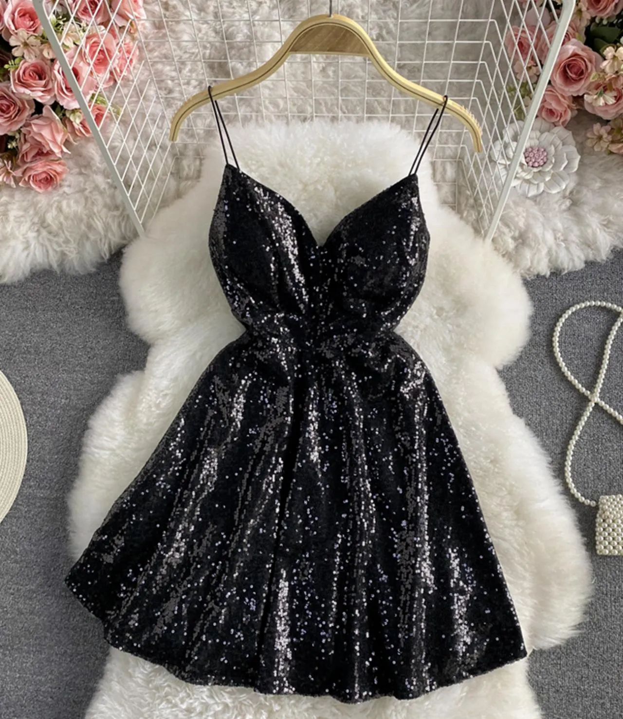 Cute A line sequins short dress   S113