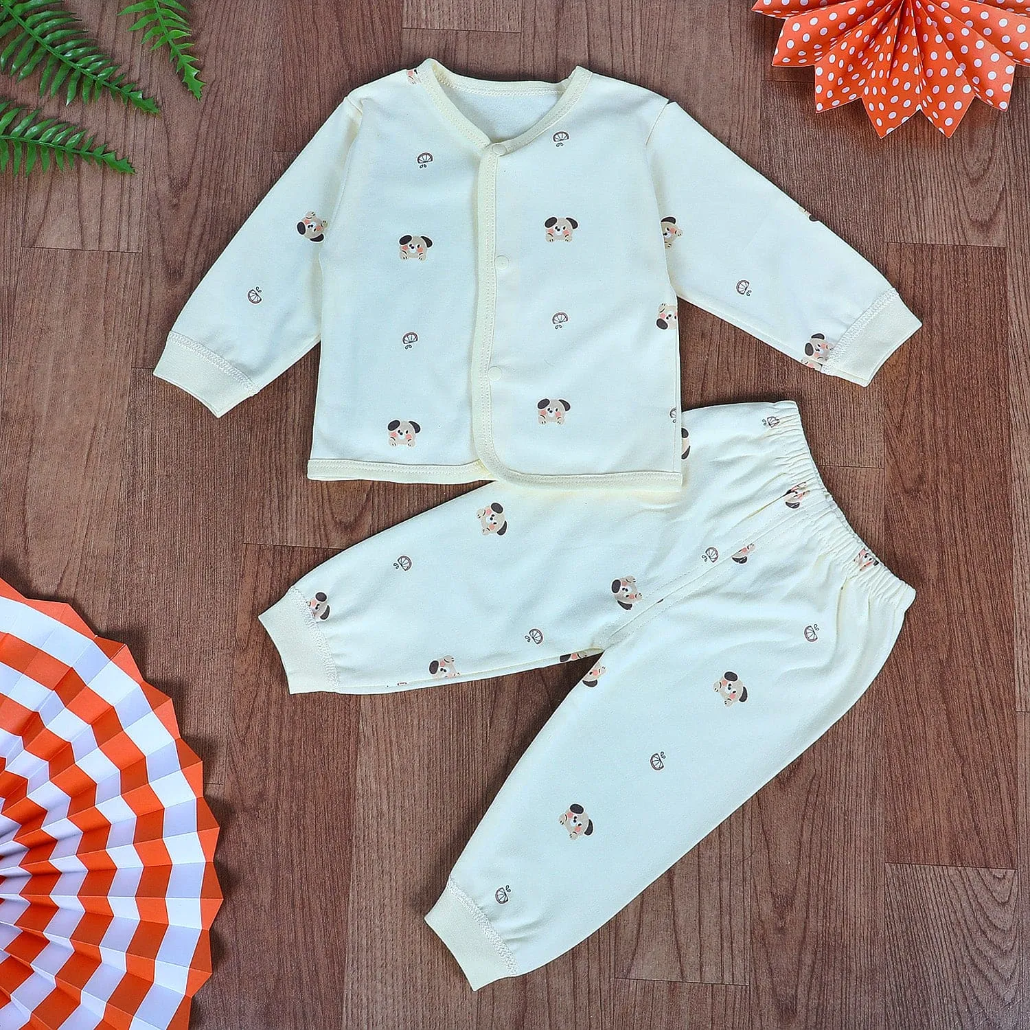 Cute Puppy Full Sleeves 2 Piece Buttoned Pyjama Set Night Suit - Yellow