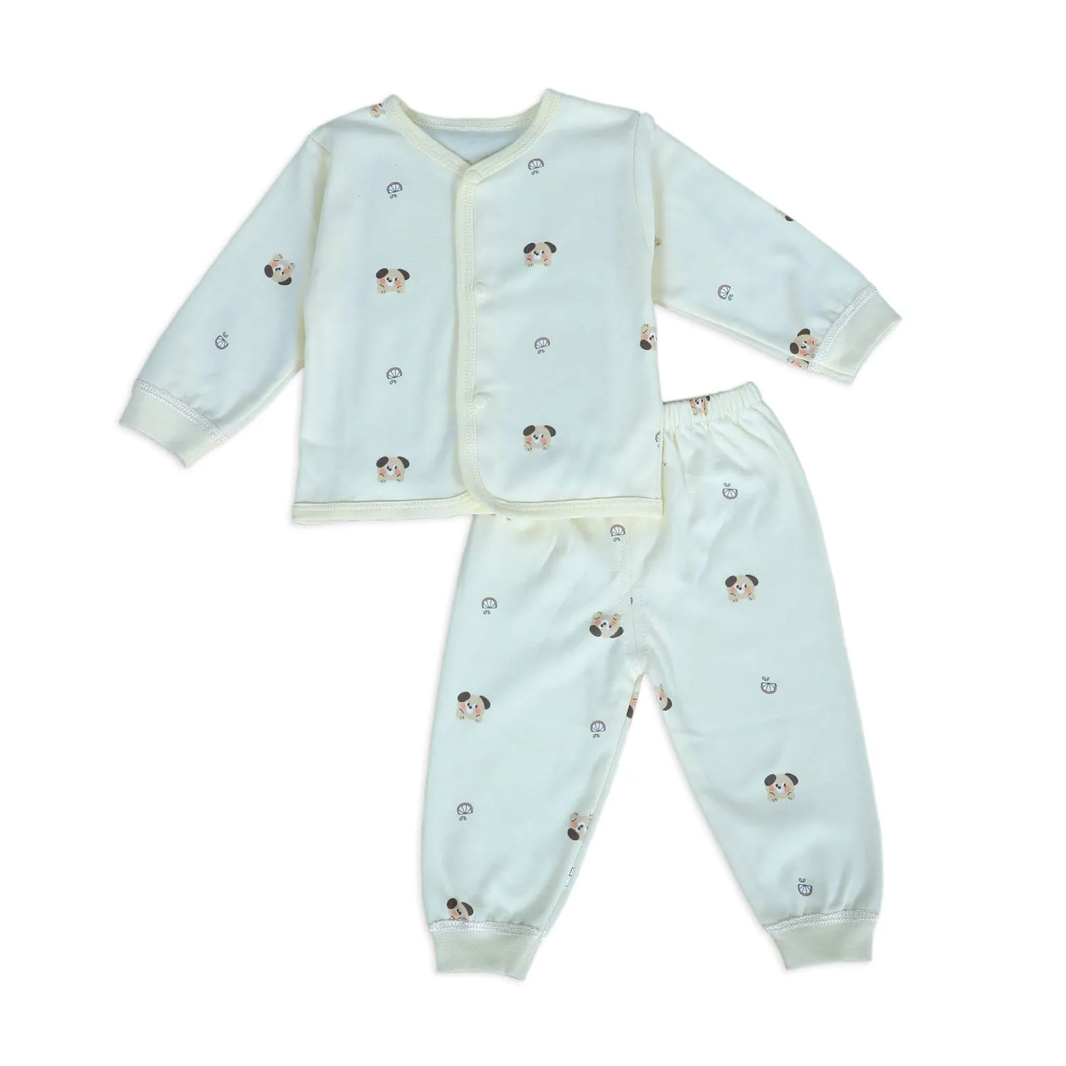 Cute Puppy Full Sleeves 2 Piece Buttoned Pyjama Set Night Suit - Yellow