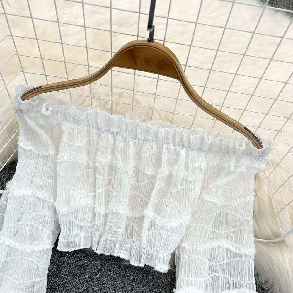 Cute Ruffled Ruffled Lantern Sleeve Chiffon Shirt Cropped Top    S197