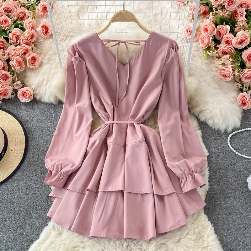 Cute V Neck Long Sleeve Dress Fashion Dress      S4948