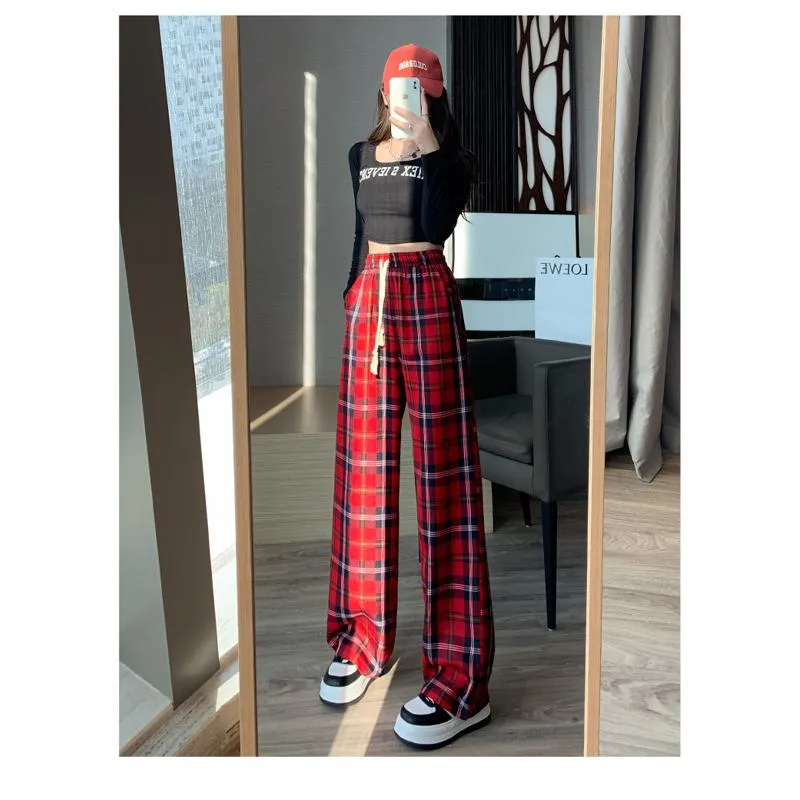 Draping Straight Floor-Length High-Waisted Plaid Wide-Leg Pants