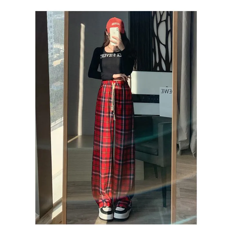 Draping Straight Floor-Length High-Waisted Plaid Wide-Leg Pants