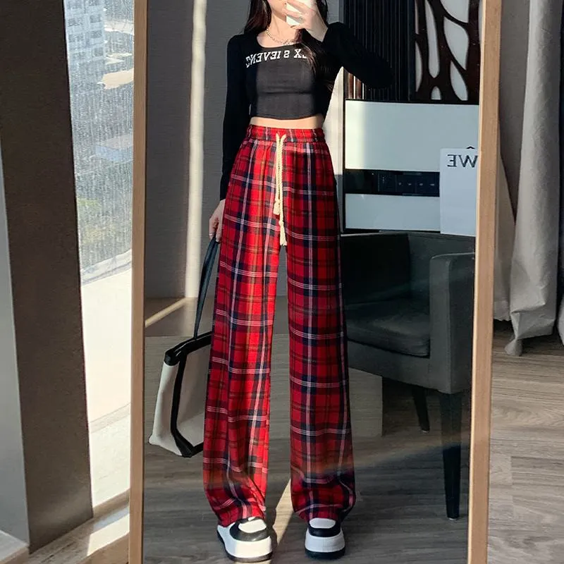 Draping Straight Floor-Length High-Waisted Plaid Wide-Leg Pants