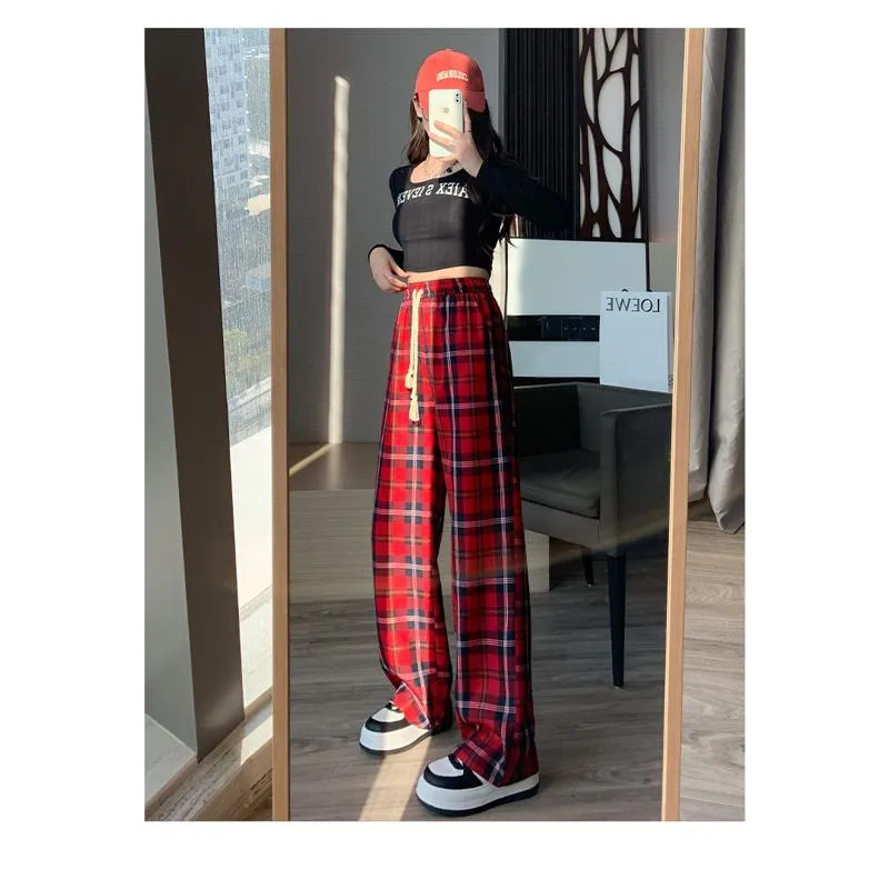 Draping Straight Floor-Length High-Waisted Plaid Wide-Leg Pants