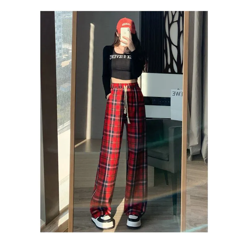 Draping Straight Floor-Length High-Waisted Plaid Wide-Leg Pants