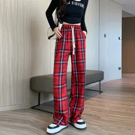 Draping Straight Floor-Length High-Waisted Plaid Wide-Leg Pants