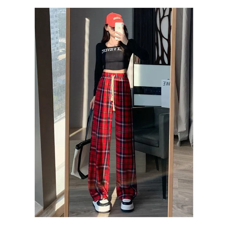 Draping Straight Floor-Length High-Waisted Plaid Wide-Leg Pants