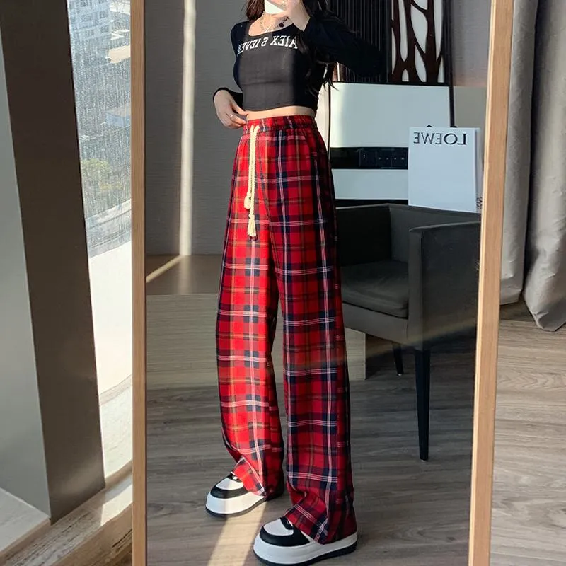 Draping Straight Floor-Length High-Waisted Plaid Wide-Leg Pants