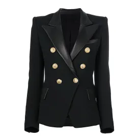 Fashion Stitching PU Leather Long Sleeve Double Breasted Suit Jacket Tops