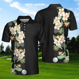 Floral Golf Club And Ball Polo Shirt, Wild Floral And Leaves Golfing Polo Shirt, Tropical Golf Shirt For Men Coolspod