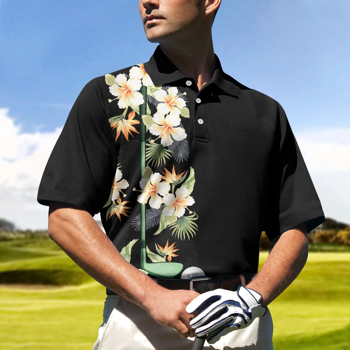 Floral Golf Club And Ball Polo Shirt, Wild Floral And Leaves Golfing Polo Shirt, Tropical Golf Shirt For Men Coolspod