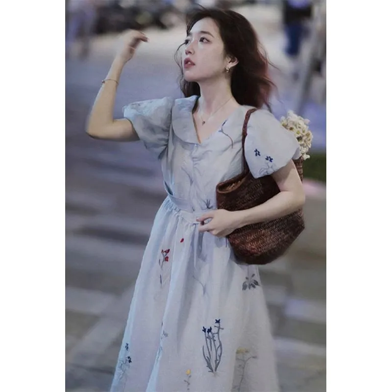 French Style Embroidery V-Neck Blue Dress