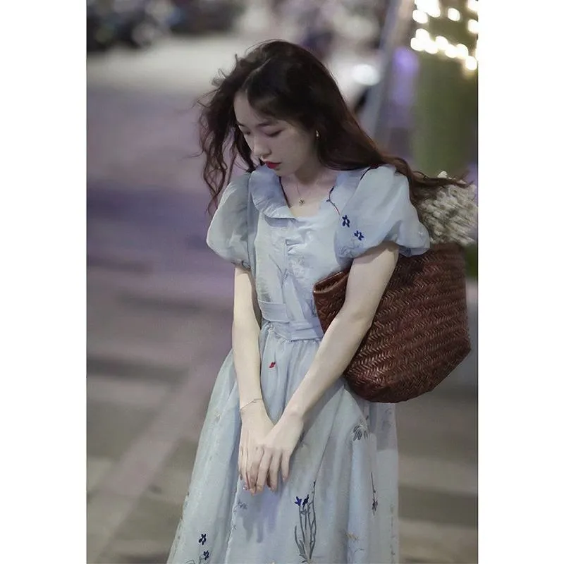 French Style Embroidery V-Neck Blue Dress