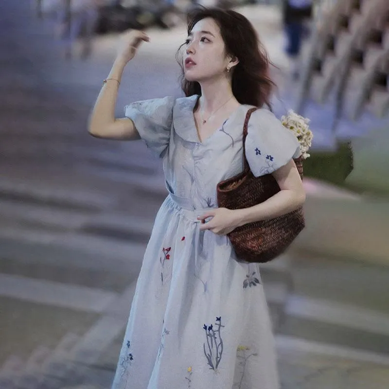 French Style Embroidery V-Neck Blue Dress