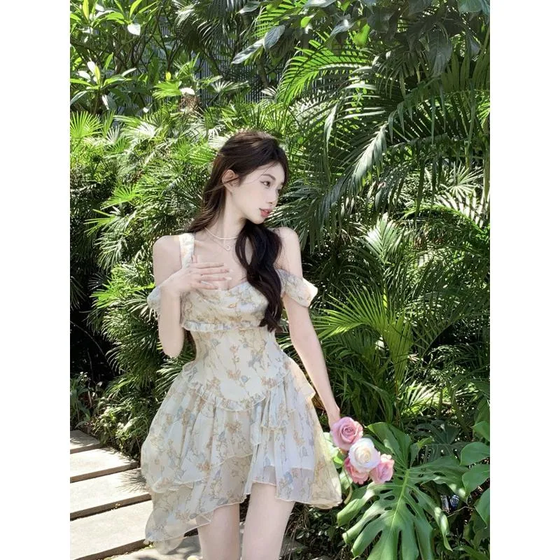 Gentle Floral Print Fairy Irregular Solid Dress