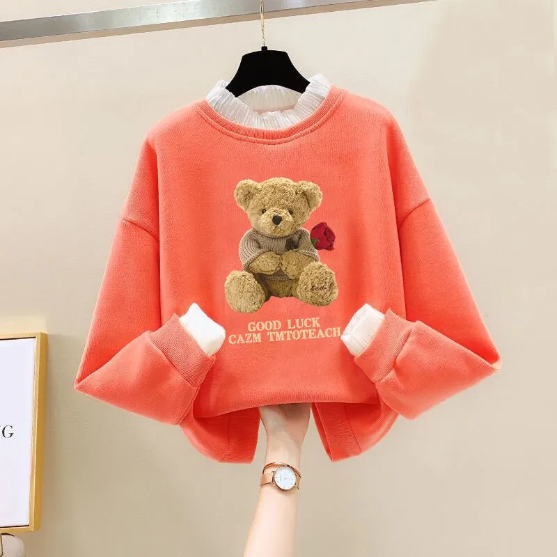 Girls Bear Cartoon Design Long Sleeve Cute Pullover For Kids